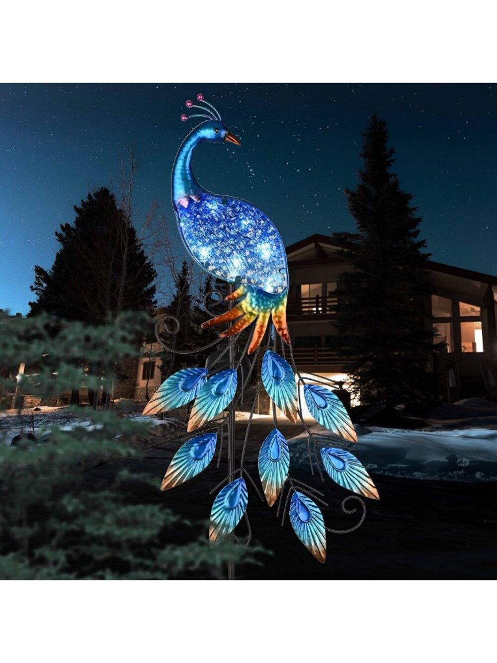 Vibrant Blue Peacock Garden Decor with Solar Lights - 40" Glass Yard Art Stake
